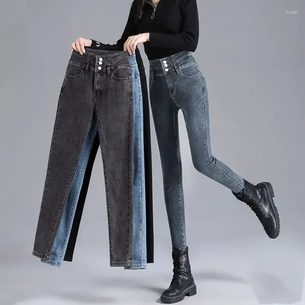 Kadın Kotları Kış Kalın Velvet Kadınlar Yüksek Bel Sıska Sıska Fleece Sıcak İnce Fit Streç bayanlar Sıradan Denim Pencil Pants Vaqueros E596