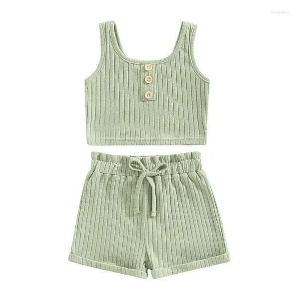 Kleidungssets Sommer Kleinkind Kid Baby Girls Outfit Kleidung Feste Farbe Knopf Weste Ribbed Draw String Shorts Kinder