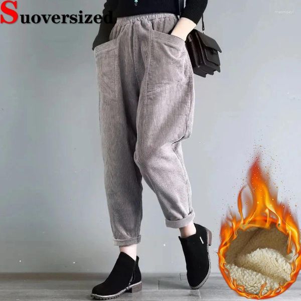 Calça feminina de inverno Baggy Lambswool cintura alta harém pantalones lã de lã forrada as calças vintage engrossam Spodnie casual