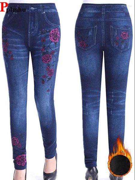 Jeans femminile magro magro inverno inverno foderato rivestito multicolore pantaloni in denim eleganti fiore mamma peluche calda alta vita chic vaqueros