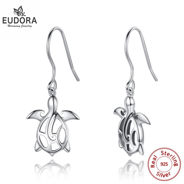 Küpe Eudora Real 925 STERLING Gümüş Deniz Kaplumbağı Küpe Moda Kristal CZ Stud Küpeler Kadın Mücevherleri İçin Kutu Hediye Dangler E135