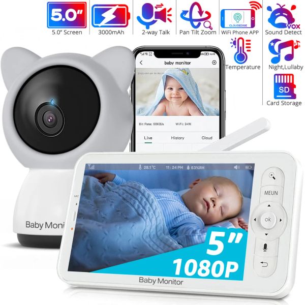 Monitor Monitor baby wifi HD con app, display da 5 pollici da 720p, fotocamera per bambini zoom di zoom 1080p, visione notturna, talk 2way, batteria da 3000 mAh, 1000 piedi