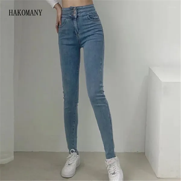 Frauen Jeans 2024 Frauen Schlanker Fit Dehnungs -Jeanshose in voller Länge enge Hosen Vintage Dünne 3 Knöpfe hohe Taille Stifte