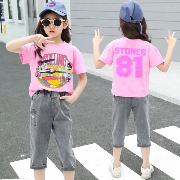 Kleidungssets Set 4-14t für Mädchen Sommer Spring 2024 Fashion Net Red T-Shirt Jeans Zwei Stücke hochwertig