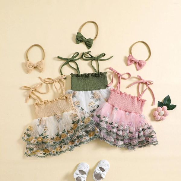 Vestidos de menina bebê bordado floral vestido de malha de bordado floral vestido de macacão e fita de cabeça para roupas de moda fofas roupas