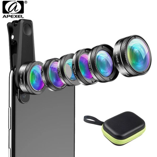 Нагрев Apexel Новый телефон Camera Camera Kit 6 in 1 Fish Eye Lens