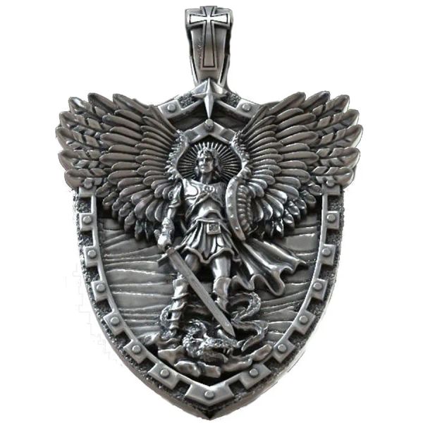 Pingentes 13g santo católico arcanjo michael pendente serpent escudo asas espada de espada artística religiosa 925 Solid Sterling Silver Pinging