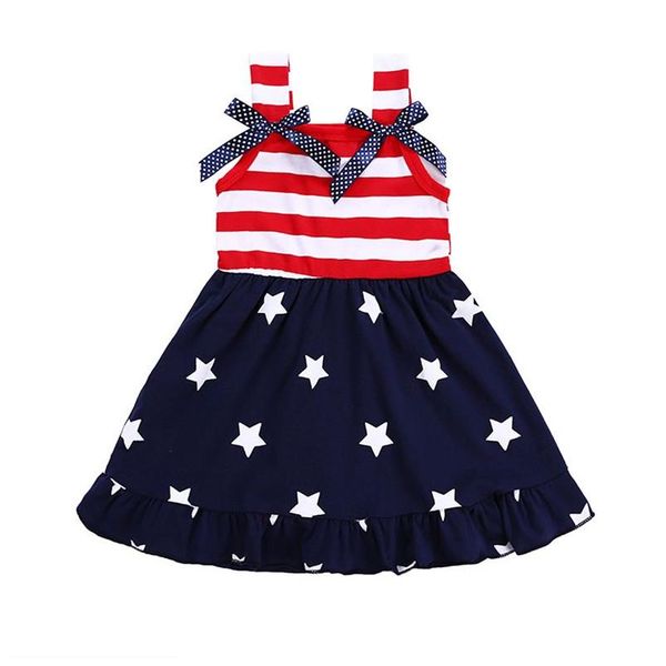 Roupas Conjuntos de roupas Independence Day Girls Dress Summer Kids Pano Condole Belt Stripes Bow Star