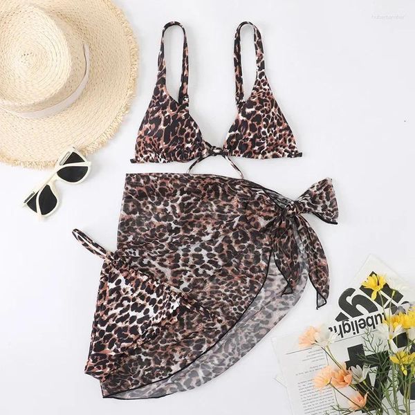 Frauen Bikini Set sexy Leopard Frauen Mikro-Tanga 3 Stück mit Mesh Cover-up Badeanzügen Biquinis 2024 Mujer Beachwear