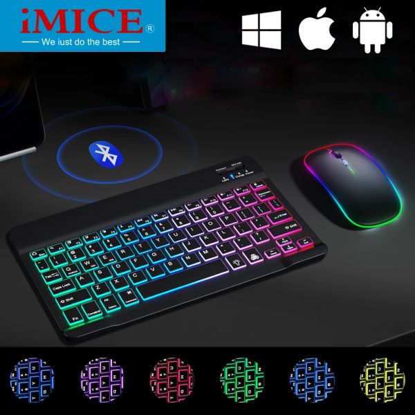 Teclados teclados Bluetooth Teclado Mini teclado sem fio e mouse 10 polegadas Recarregável Teclado iluminado Backboard Russian Tablet Teclado para iPad Phone