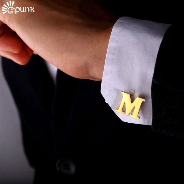 Links Männer Cufflinks Alphabet Brief m Französische Nagelgeschäftshemden Trendy Accessoires Gelbe Gold Farbe Männer Geschenk C2043g