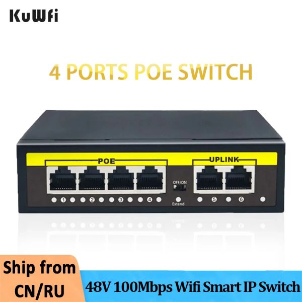 Steuerung Kuwfi 48V POE Switch 4ports Ethernet Switcher 100mbit/s RJ45 Injector Switcher WiFi Smart IP -Switch für IP -Kamera/Wireless AP/CCTV