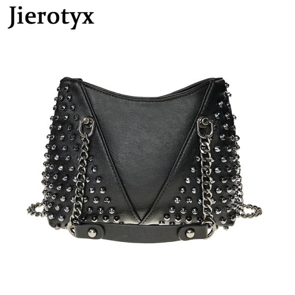 Bolsas bolsas de ombro cravejado de jierotyx para feminino bolsa de rocha de rock de estilo punk feminino com bolsa de carteira de corrente para meninas