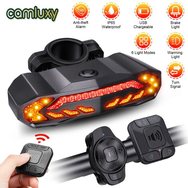 Luzes de bicicleta de bicicleta Camluxy Luz de freio de alarme da luz traseira com sinais de giro Horn Horle sem fio Controle remoto Bicicleta Luz traseira