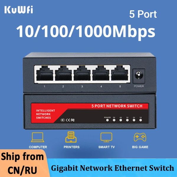 Switches Kuwfi 5 porta 10/10/1000Mbps Rede de gigabit Adaptador Ethernet Switch Fast RJ45 Ethernet Switcher LAN Switching Hub