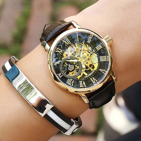 Комплекты Новые Лучшие продаваемые 3D буквально римские номера Gold Gear Bezel Luxury Brand Sport Skeleton Men Mechanical Watch Horloges Mannen