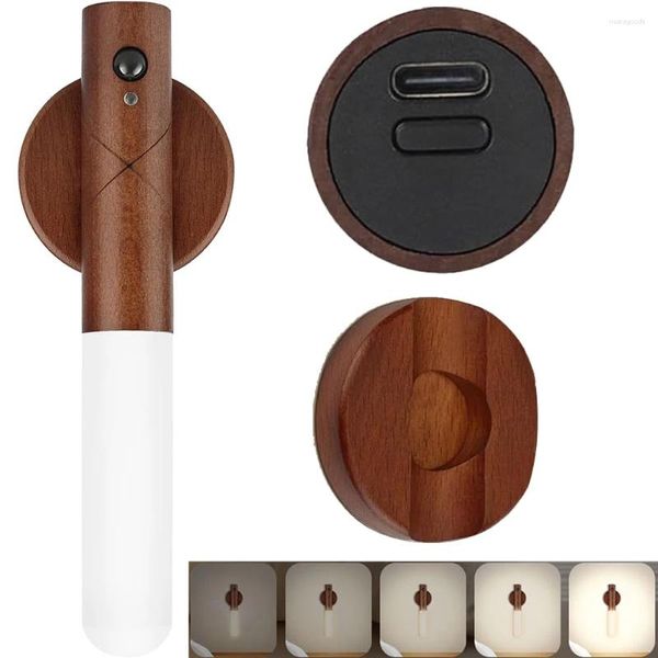 Sensore di movimento della lampada a parete Night Light 3 Colori Dimmabile USB ricaricabile ricaricabile a LED interno in legno interno