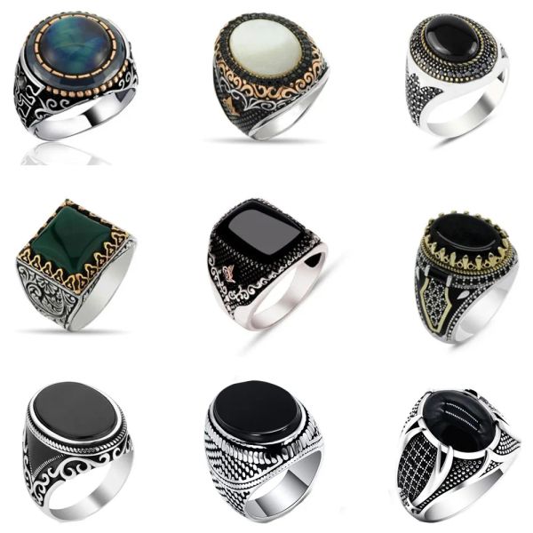 Bande 30 Stili Vintage Anello di sigillo turco fatti a mano per uomini Donne Ancient Silver Black Onyx Stone Punk Rings Religious Gioielli religiosi