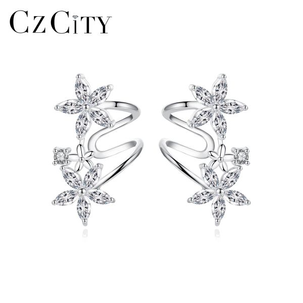 Orecchini CZCITY 925 Orecchini per polsino in argento sterling per ragazze in oro bianco colore zirconia cubica fiore donna cz orecchio accessori