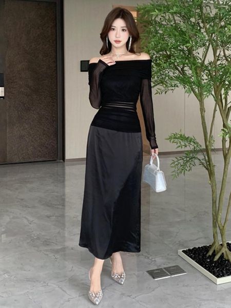 Lässige Kleider indoit französischer Stil Off-Shoulder-Kleid erwachsene Frau wie Frau elegant anmutiger, minimalistischer Gaze Long
