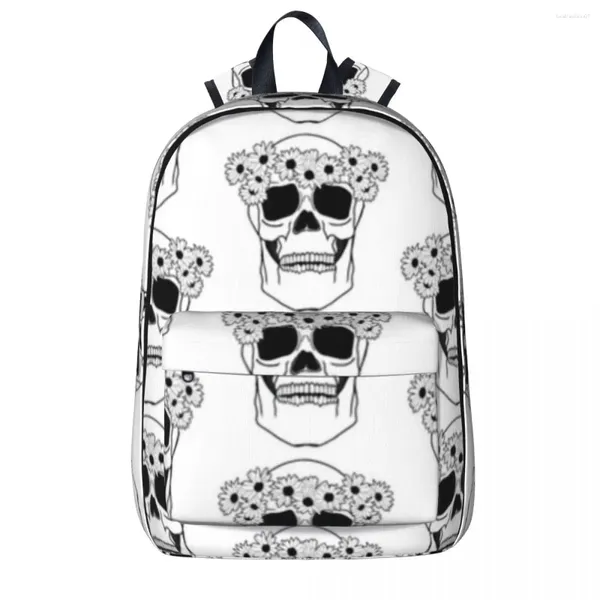 Backpack Floral Daisy Skull Boy Girl Bookbag Students School School School Kids Macks Macks Bag de ombro de viagem grande capacidade