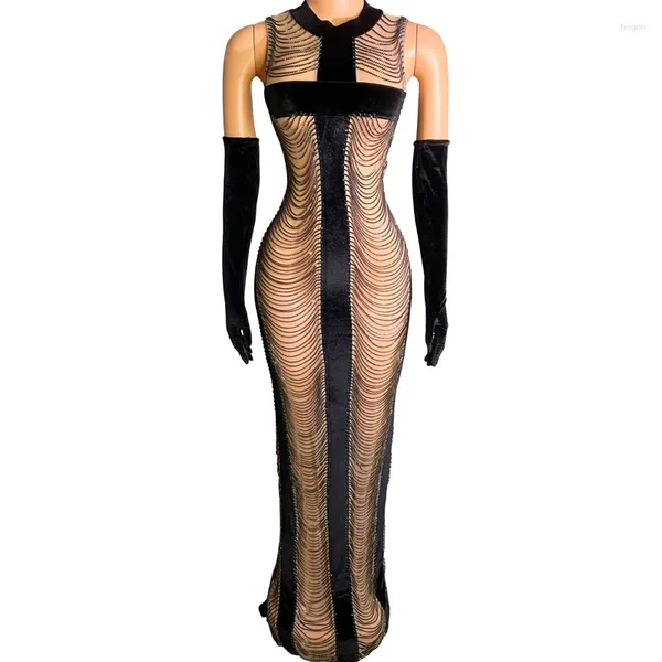 Wear Stage Sexy Perspective Mesh Velvet Dress Women Diamond Chain Celebrate Costume Party Evening Abito Festival Outfit XS7864