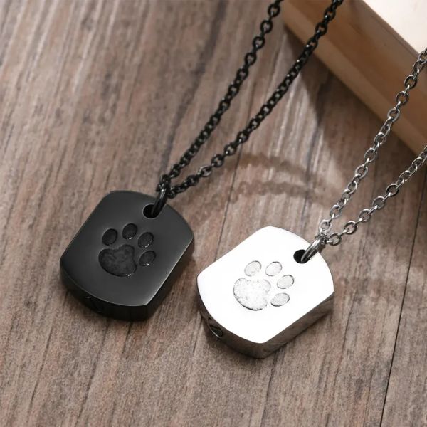 Memorials Cremation Jewelry Paw Stamp Arn Collana per ceneri per donne uomini Memoriale Cat Dog Ashes Centro Pendant Square Hang Tag Ciondolo