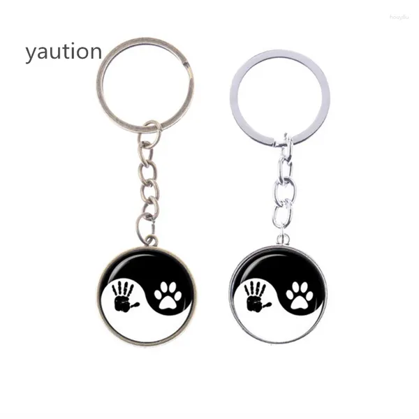 Schlüsselanhänger 2 Farben Hund / Handschrift Schwarz -Weiß Yin Yang Yai Chipendant Keychain Glass Cabochon Kinder Geschenk