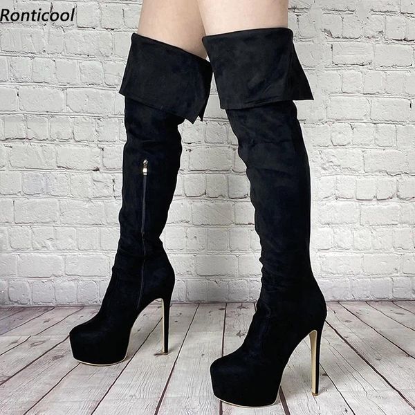 Stivali Ronticool Arrival Women Winter Over the Suede Stiletto Heels Round Toe Ladies Elegant Black Party Scarpe US Taglia 5-20