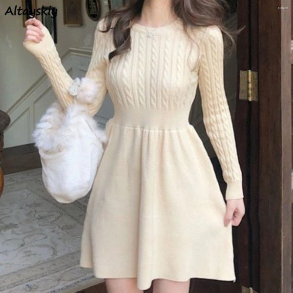 Vestidos casuais Mulheres de malha A-line O-pescoço jacquard elegante moda coreana respirável Basic diariamente est vestidos malha ten chic chic chic