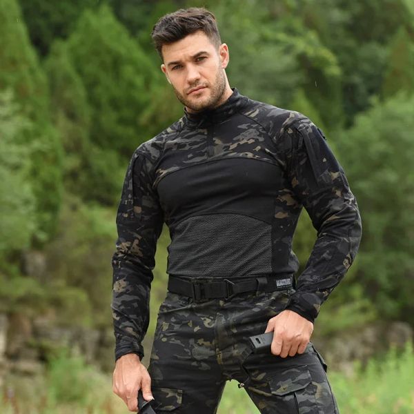 Camisetas han camisa tática selvagem masculina roupas de elasticidade militar caça camisa de combate camufla