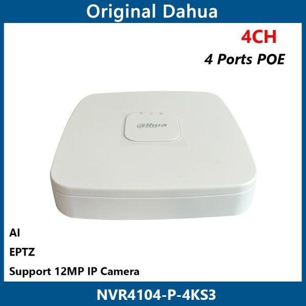 LENS DAHUA 4CH NVR4104P4KS3 4 PORTS POE AI H.265+ Supporta la risoluzione della fotocamera IP 12MP Video registratore di rete Eptz 4 canale