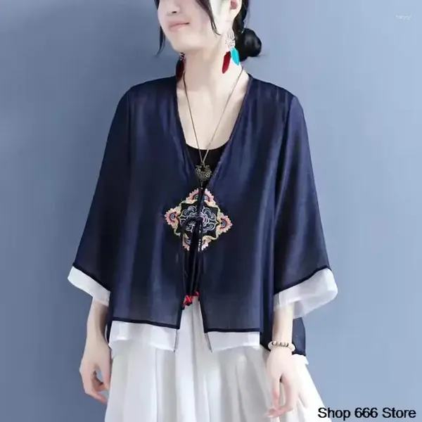Ethnische Kleidungsstil Retro Tops Sommer Chinesische traditionelle Hemden Tang Anzug Hanfu für Frauen weiblich Cheongsam Strickjacke E905