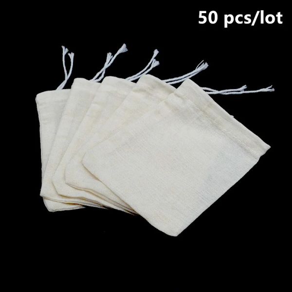 Taschen 50 PCs 6x8/8x10/10x15 cm Tee leere Baumwoll -Musselin -Taschen mit Multipurpose Mini -Beutelbeutel Schmuckpaket