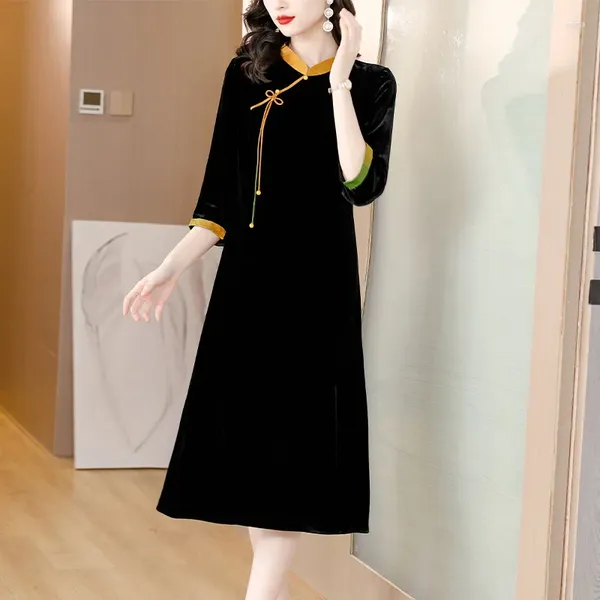 Повседневные платья 2024 Осень черные бархатные пэчворки Cheongsam платье элегантное высокое талия корейская старинная леди