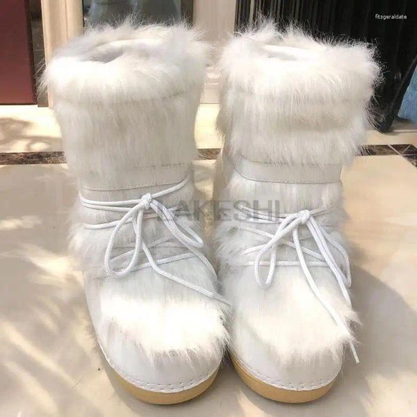 Stivali 2024 Donne Scarpe invernali Snow Scivo caldo Ski Fluffy Piatta peloso su piattaforma a medio livello piatto con spazio bianco più dimensioni