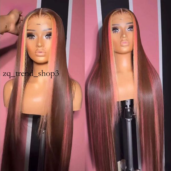 Brasilien Highlight Pink Braun gerade Spitzenverschluss Perücken menschliches Haar für schwarze Frauen transparent 13x4 Straight Synthetic Spitzenfrontalperücke 16