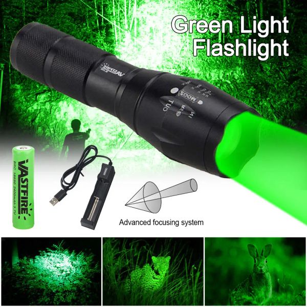 Scopi tattici di caccia alla luce verde torcia torcia zoomabile potente potenza di luce a mano da 18650 batteria con supporto per ambito