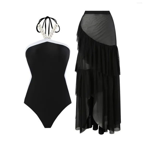 Frauen Bikini String Unterwäsche Halterneck Mesh Fashion Bandeau Badeanzug mit Strandbedeckung Wickel Rock Two Bikinis