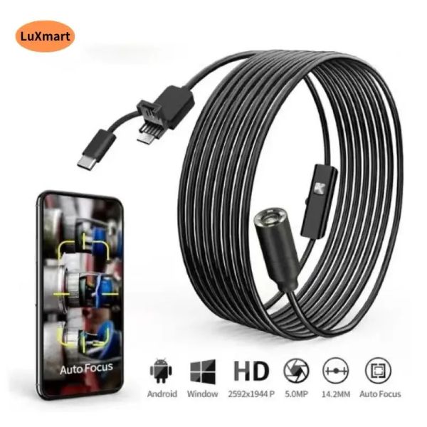 Câmeras 10m 20m 12mm Auto Focus Endoscópio Câmera 5MP HD IP68 Câmera de pesca à prova d'água Inspeção de esgoto USB Suporte de brorescópio Android PC