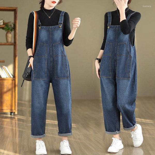 Frauen Jeans lässige Frauen Blue Denim Overall Herbst Lose große Taschenhoch Taille Straight Ladies Gurt Jean Hosen Streetwear