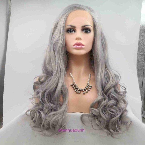 HD Body Wave Evidenzia le parrucche di capelli umani in pizzo in pizzo per donne Qingdao XIWEI Wig Chimical Fibra Wig Matte Silk ad alta temperatura Womens Domande casuale diviso grigio lungo