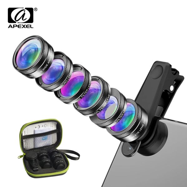 Heizung Apexel Universal 6 in 1 Telefonkamera Objektiv Kit Fisch Augenlinsen Weitwinkel Makrolinse CPL/STARND32 -Filter für fast alle Smartphones