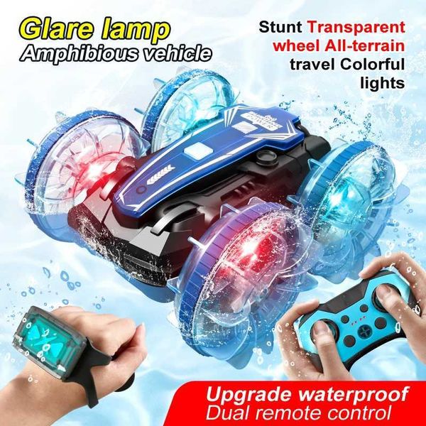 Elektro-/RC -Auto Neue LED Amphibious RC Car Dual Fernbedienung Wasserdichte Stuntauto Doppelseite Flip Drift Drive 360 Rotation RC Cars Kinder Spielzeug T240422