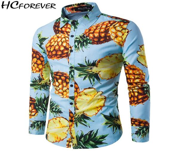 Hawaiian Shirt Men 2018 Kleidung Casual Long Sleeve Pink Blue Herren Kleidung Ananas Beach Neue Buon Fashion Streetwear 3121496