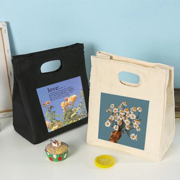 Сумки цветы печатная функциональная охладителя для ланч -коробки портативная изолированная холст Бенто Сумка тепловая продукция для хранения пикника для женщин детей