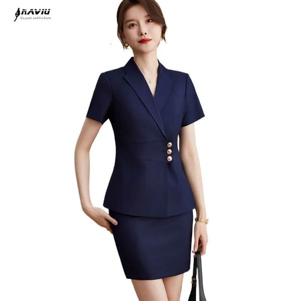 Naviu Elegant Navy Blue Slim Fashion Summer Professional Business Women Work Suits Blazer и юбка женская одежда S-4XL 240415