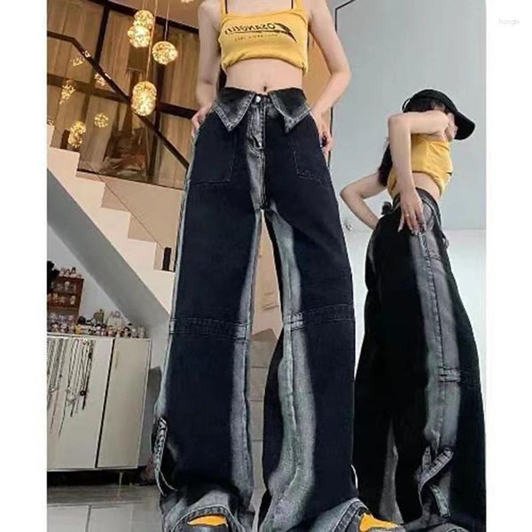 Frauen Jeans Saum Design Dunkelgrau Baggy weiblicher Sommer Unisex Stil loser hoher Taille gerade Rohr lässig Jeanshose Frauen Frauen