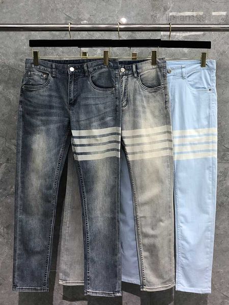 Jeans TB Mens de ponta de ponta de espessura fina de quatro listras Slim Fit Small Pés pequenos calças jeans casuais