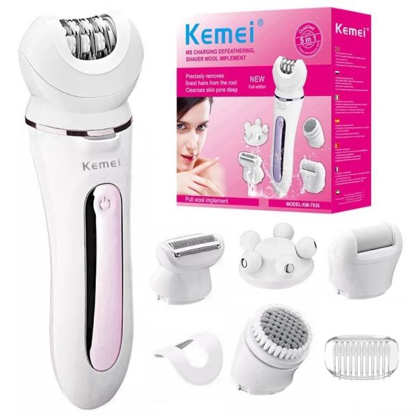 Barbeadores kemei 7936 Mulheres Epilador elétrico Face Feminino Shaver Facial Corpo Remoção de cabelos da senhora Máquina de barbear Recarregável 5in1 Conjunto